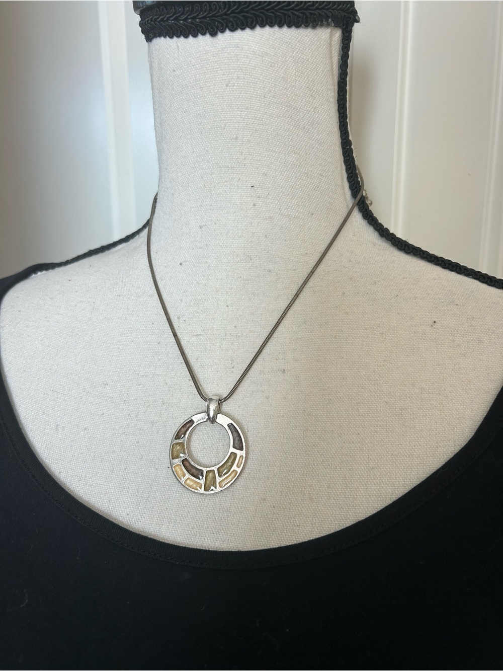 Sterling Silver Circle Pendant Necklace with Amber Inlay - Yellow Silver
